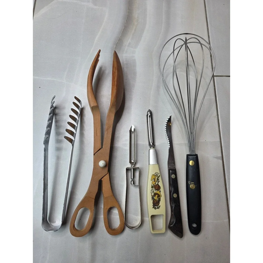 Vintage Kitchen Tool Lot Mushroom Peeler Wooden Salad Tongs Japan Pasta Serve A6